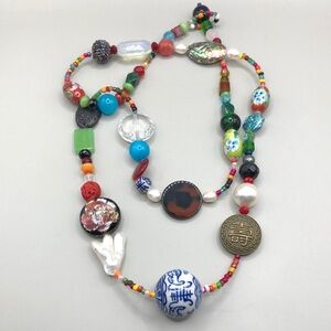 Colorful long Chinese beads colorful statement necklace, boho, festival, dressy.